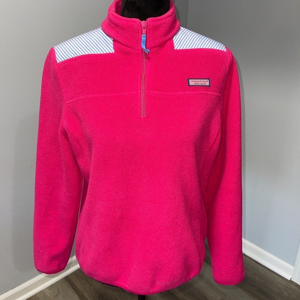 Vineyard Vines Hot Pink Quarter-Zip Fleece with White Stripe Shoulders